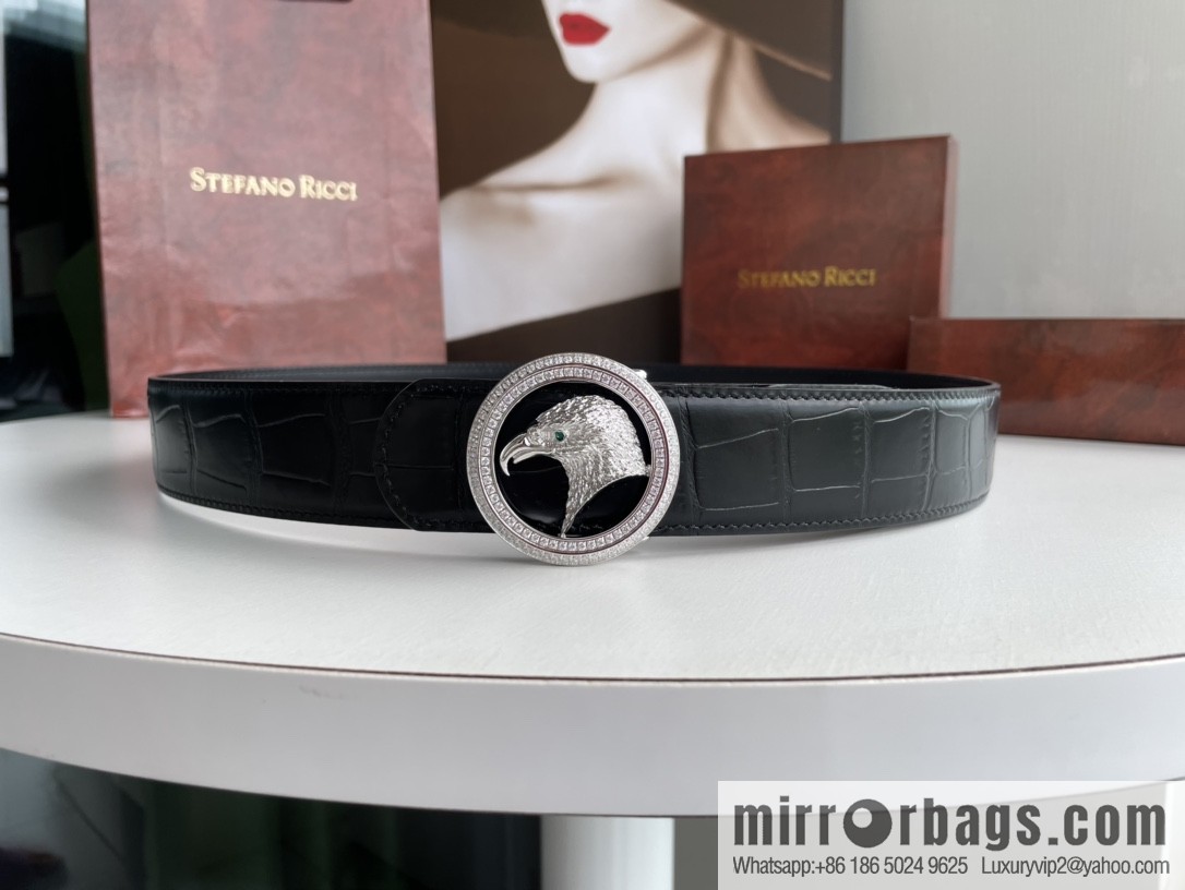 STEFANO RICCI Stephen Raunich Counter Stainless Steel Eagle Head Double Ring Inlaid Diamond Embellished Buckle 3.8cm First Layer Cowhide Fine Imitation Crocodile Leather Belt