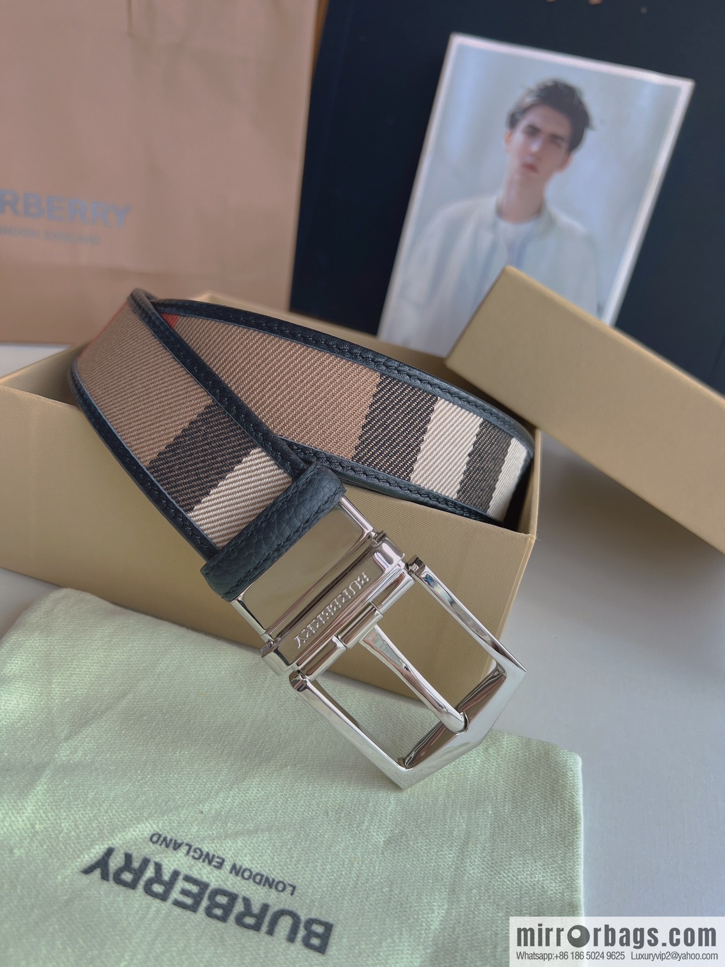 BURBERRY Burberry Italian Men's Brown Checkered Boutique Pure Copper Needle Metal Buckle Men's 3.5 Belt