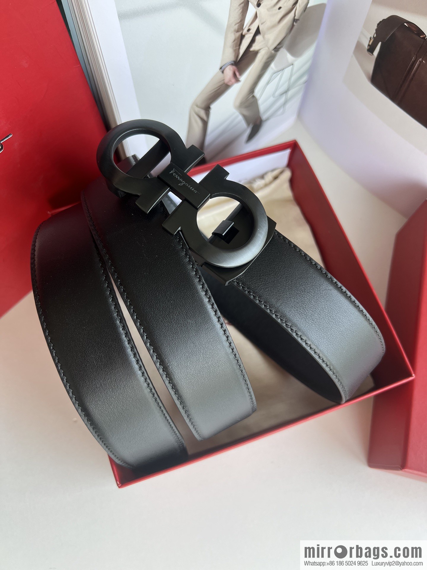 Ferragamo Ferragamo, double-sided first-layer cowhide embossed with alveolar belt men 3.5cm