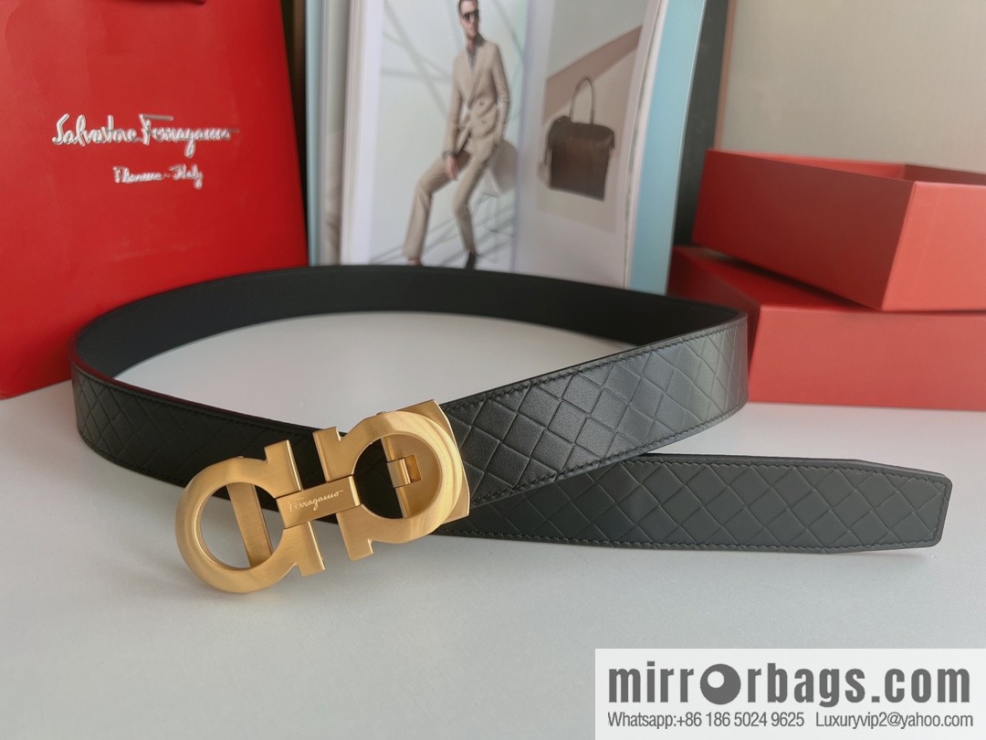 Ferragamo Ferragamo, double-sided first-layer cowhide embossed with alveolar belt men 3.5cm