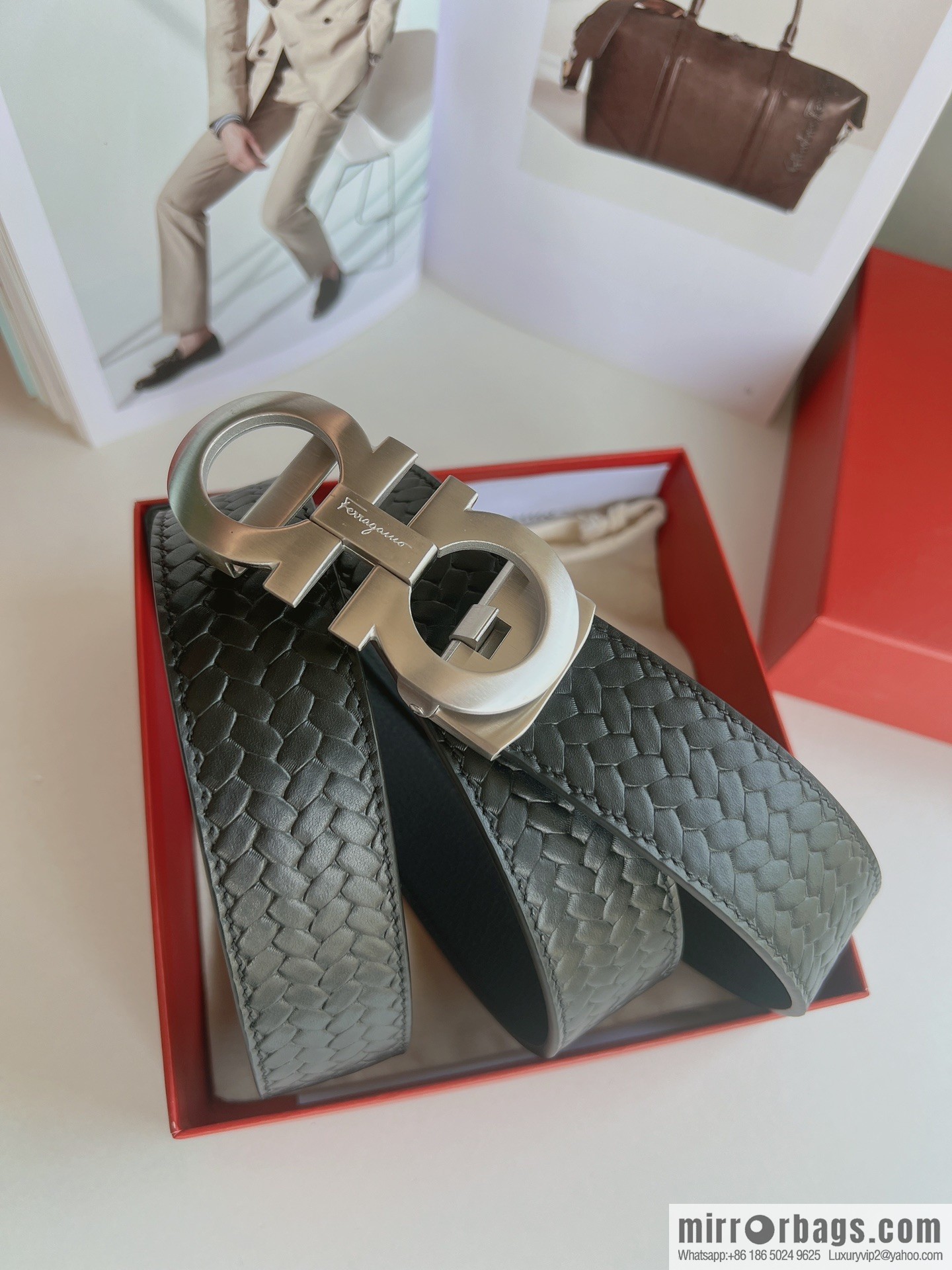 Ferragamo Ferragamo, double-sided first-layer cowhide embossed with alveolar belt men 3.5cm