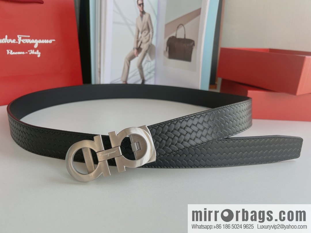 Ferragamo Ferragamo, double-sided first-layer cowhide embossed with alveolar belt men 3.5cm