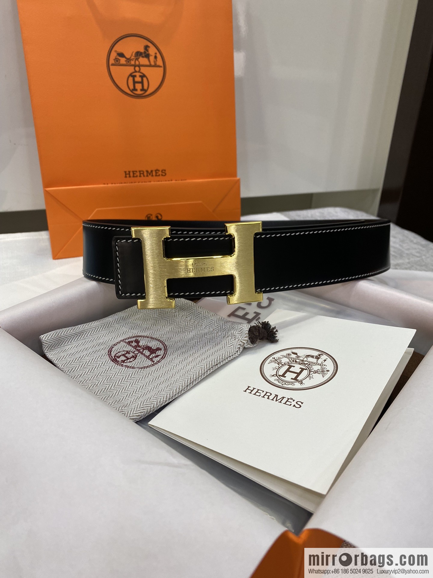 Hermès, stainless steel horse-drawn carriage micro-welding process button head buckle, double-sided delicate cowhide belt