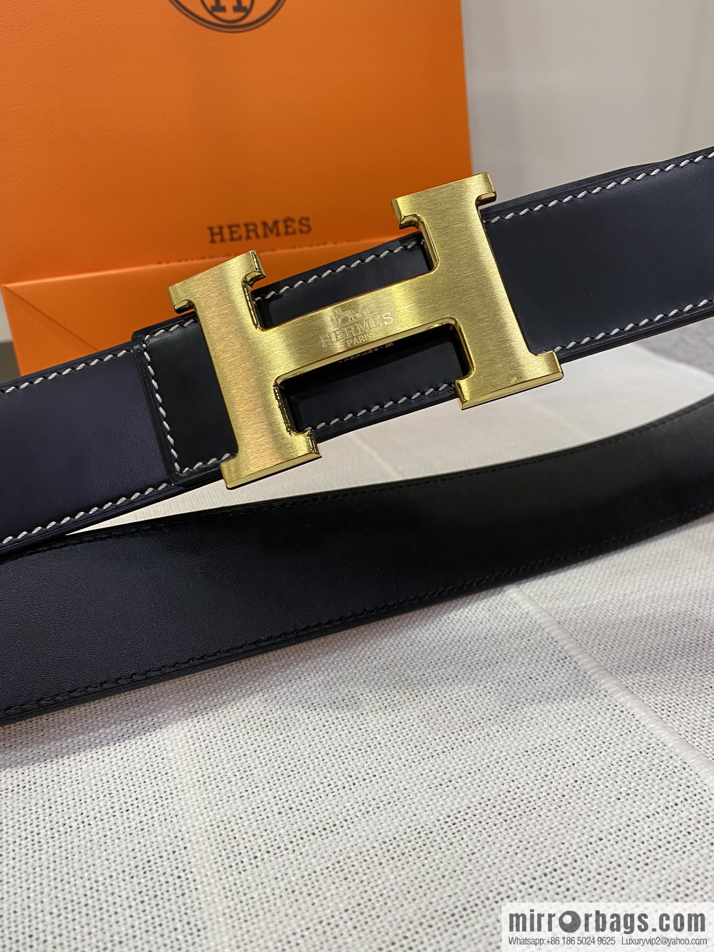 Hermès, stainless steel horse-drawn carriage micro-welding process button head buckle, double-sided delicate cowhide belt