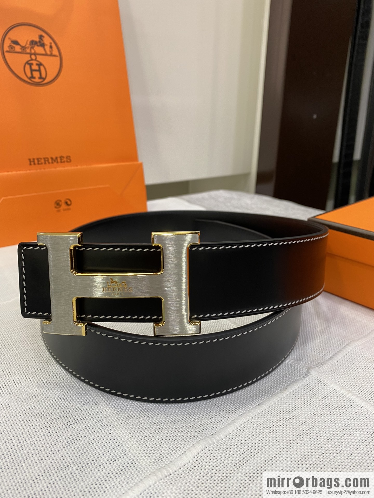 Hermès, stainless steel horse-drawn carriage micro-welding process button head buckle, double-sided delicate cowhide belt