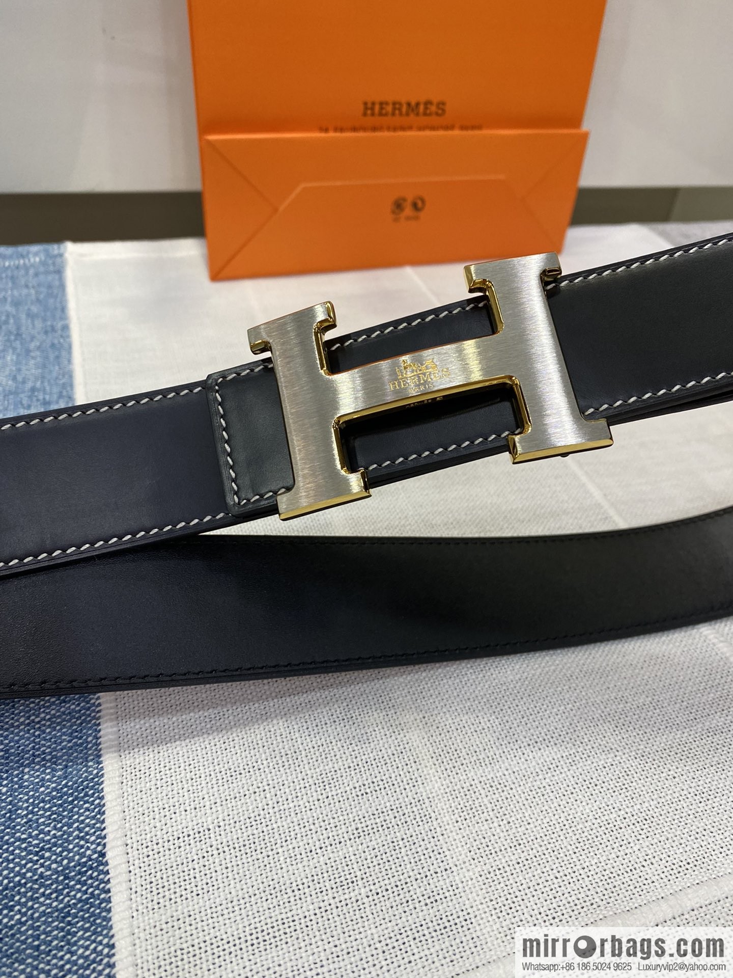Hermès, stainless steel horse-drawn carriage micro-welding process button head buckle, double-sided delicate cowhide belt