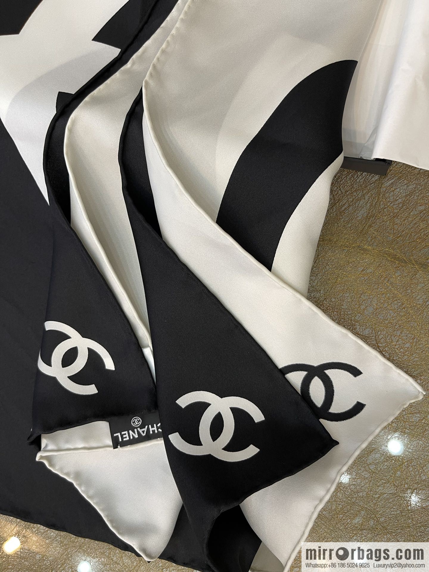 CHANEL Chanel classic black and white grid large C100% silk scarf