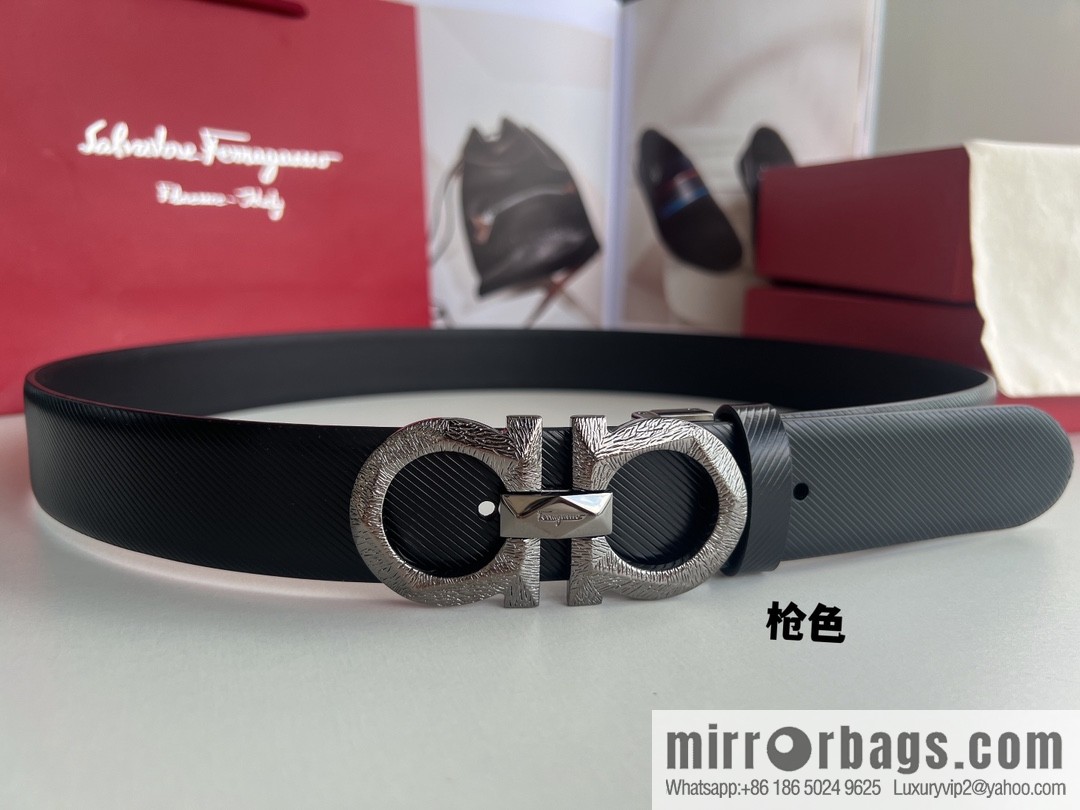 Ferragamo Ferragamo, first layer cowhide embossed pattern Gancini pattern metal buckle men's 3.5cm belt
