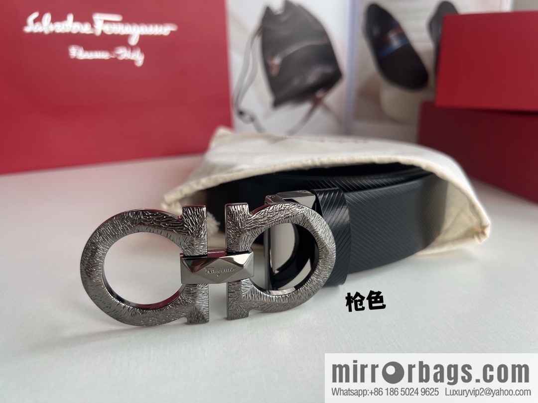 Ferragamo Ferragamo, first layer cowhide embossed pattern Gancini pattern metal buckle men's 3.5cm belt
