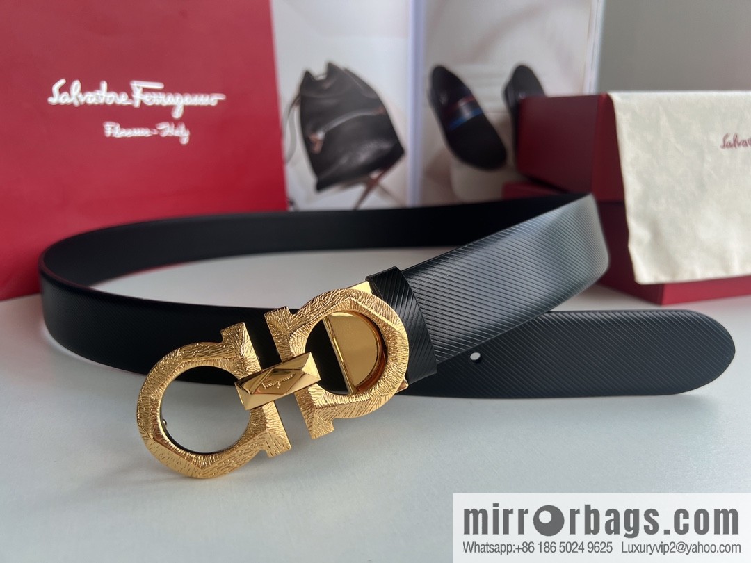 Ferragamo Ferragamo, first layer cowhide embossed pattern Gancini pattern metal buckle men's 3.5cm belt