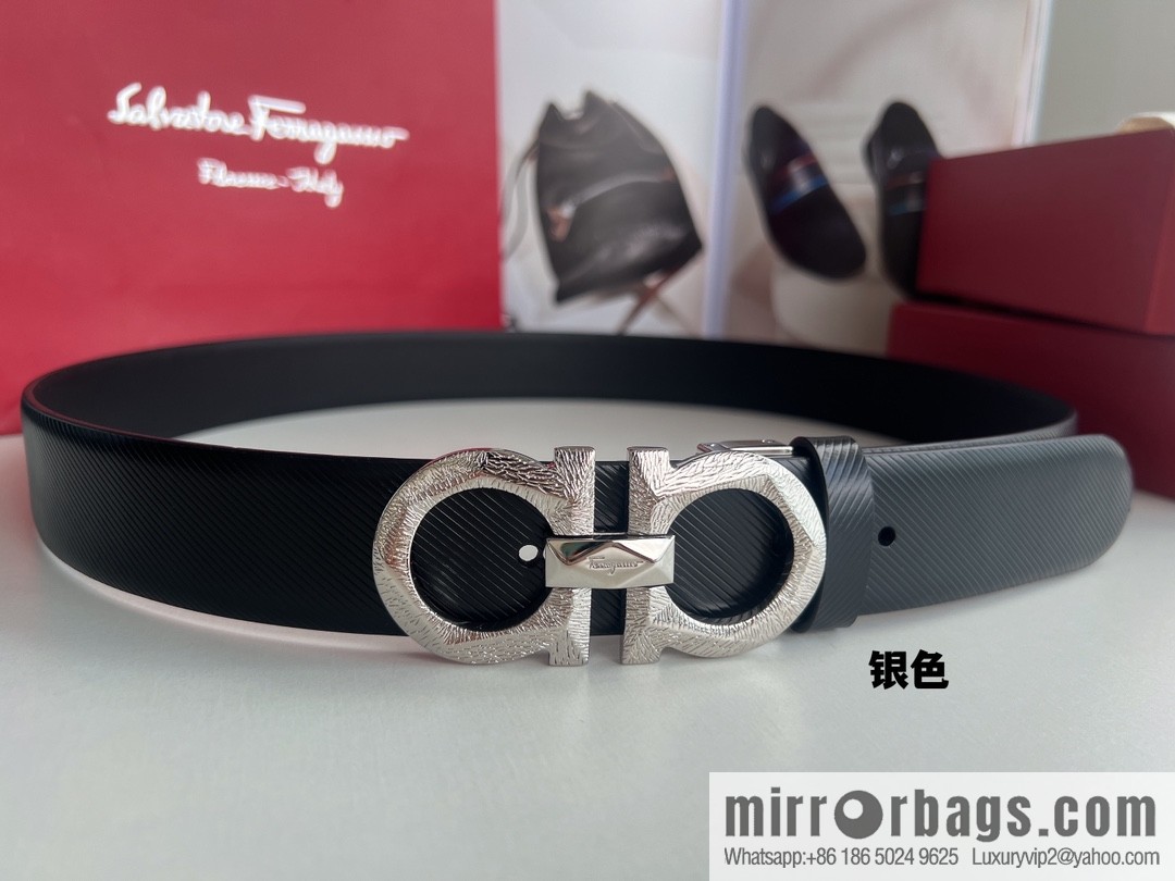 Ferragamo Ferragamo, first layer cowhide embossed pattern Gancini pattern metal buckle men's 3.5cm belt