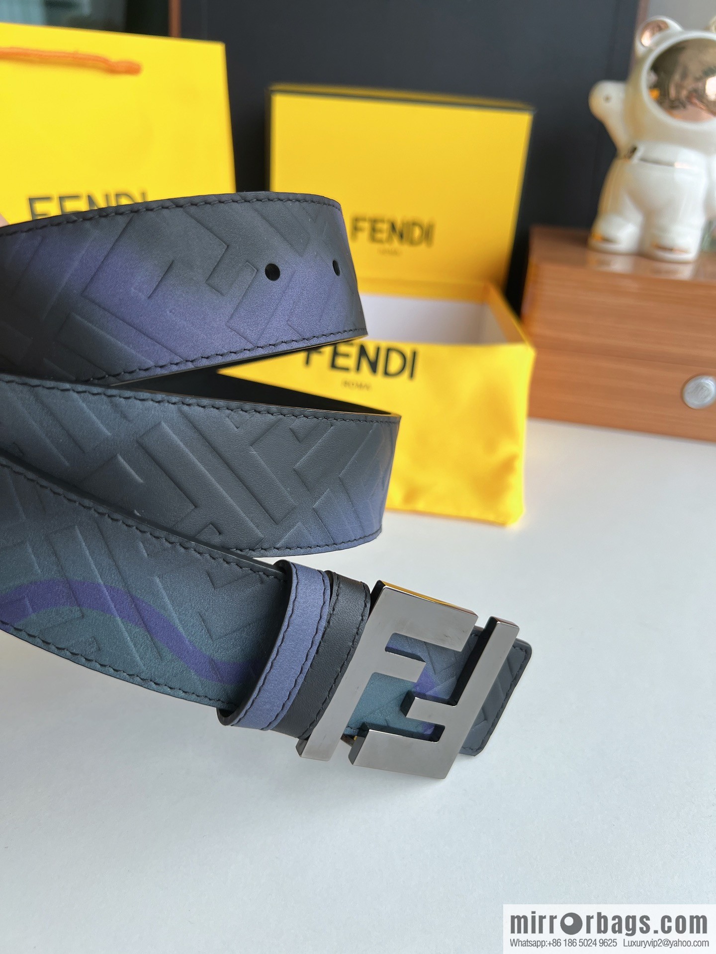 Fendi, printed dark blue double FF cowhide belt 4.0cm
