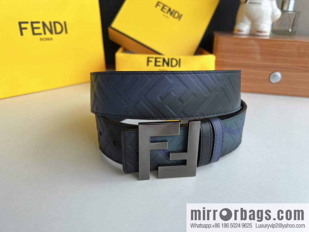Fendi, printed dark blue double FF cowhide belt 4.0cm