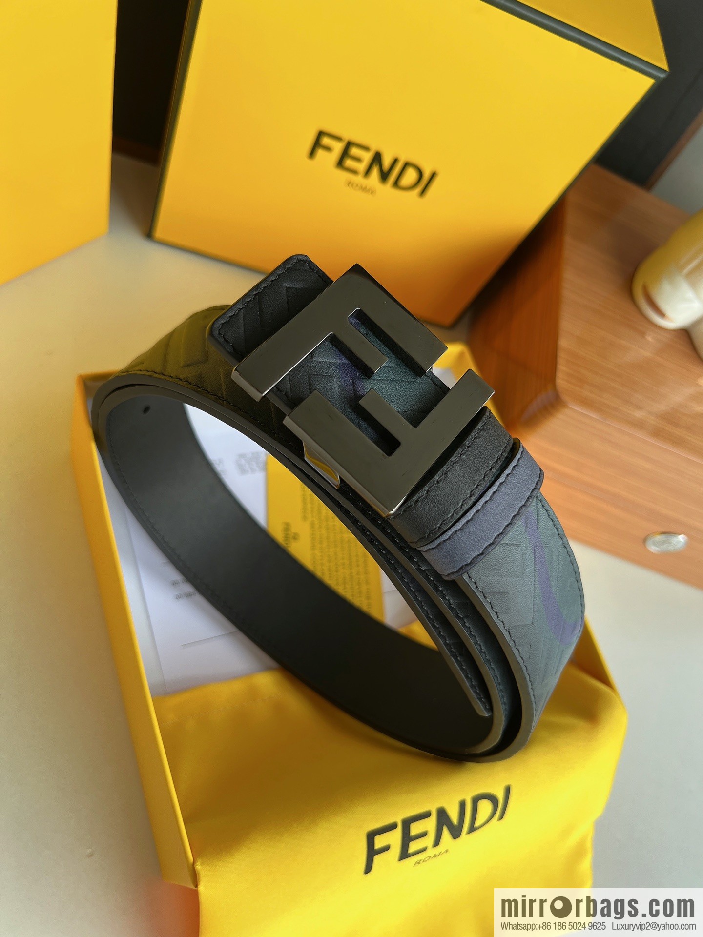 Fendi, printed dark blue double FF cowhide belt 4.0cm