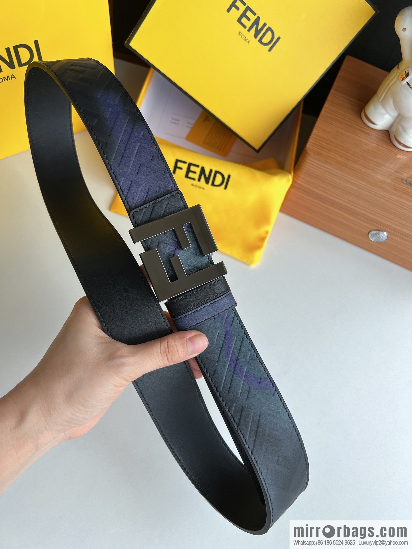 Fendi, printed dark blue double FF cowhide belt 4.0cm