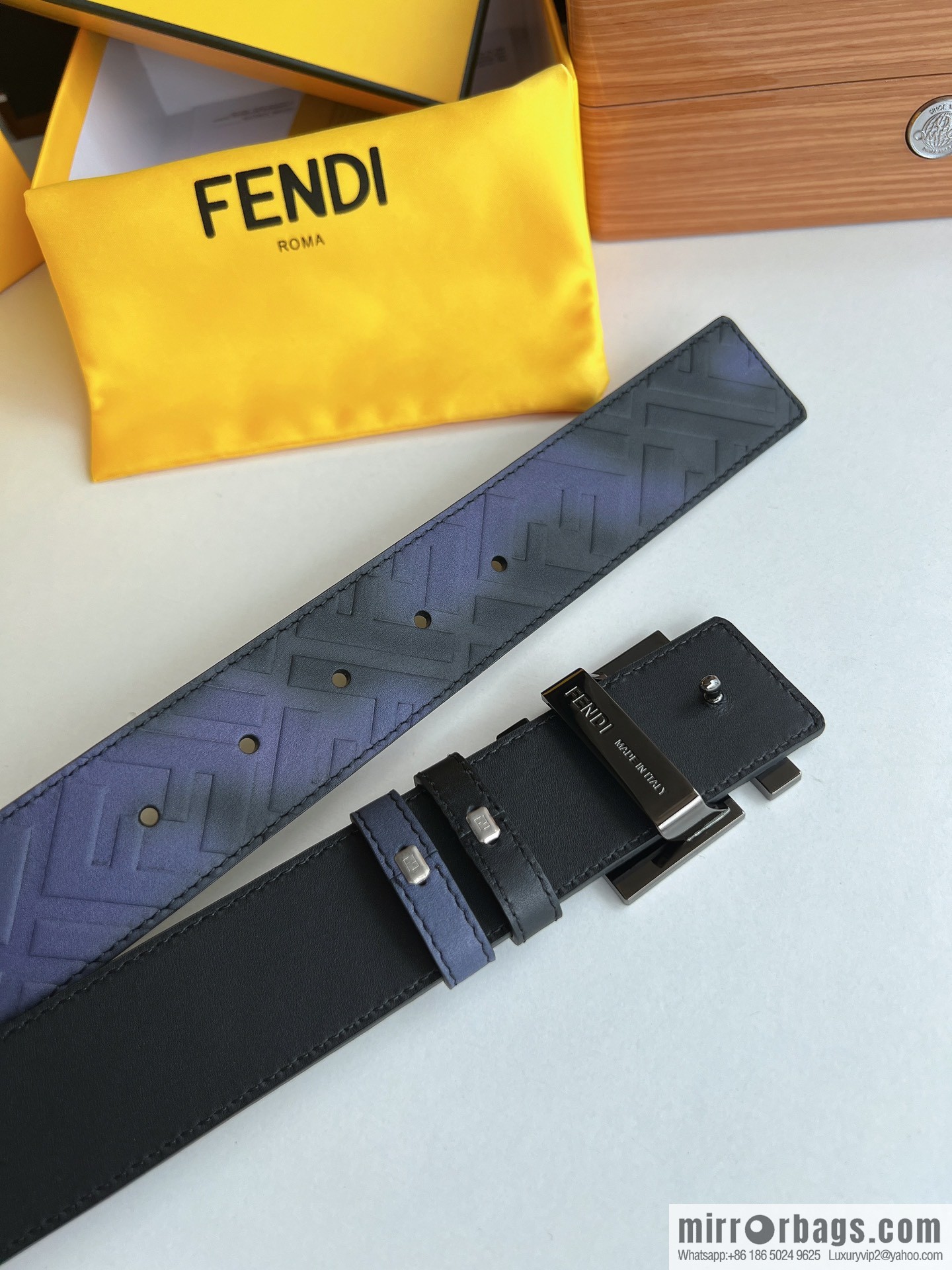Fendi, printed dark blue double FF cowhide belt 4.0cm
