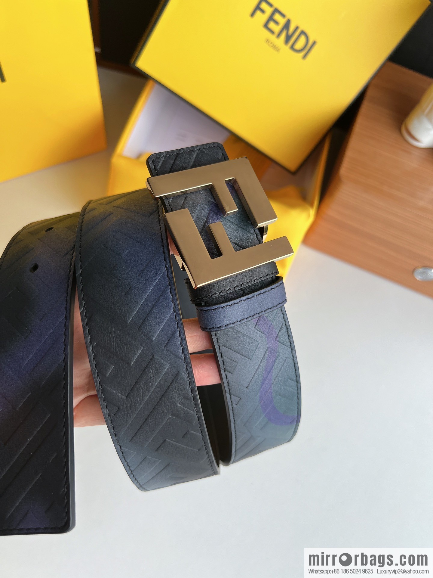 Fendi, printed dark blue double FF cowhide belt 4.0cm