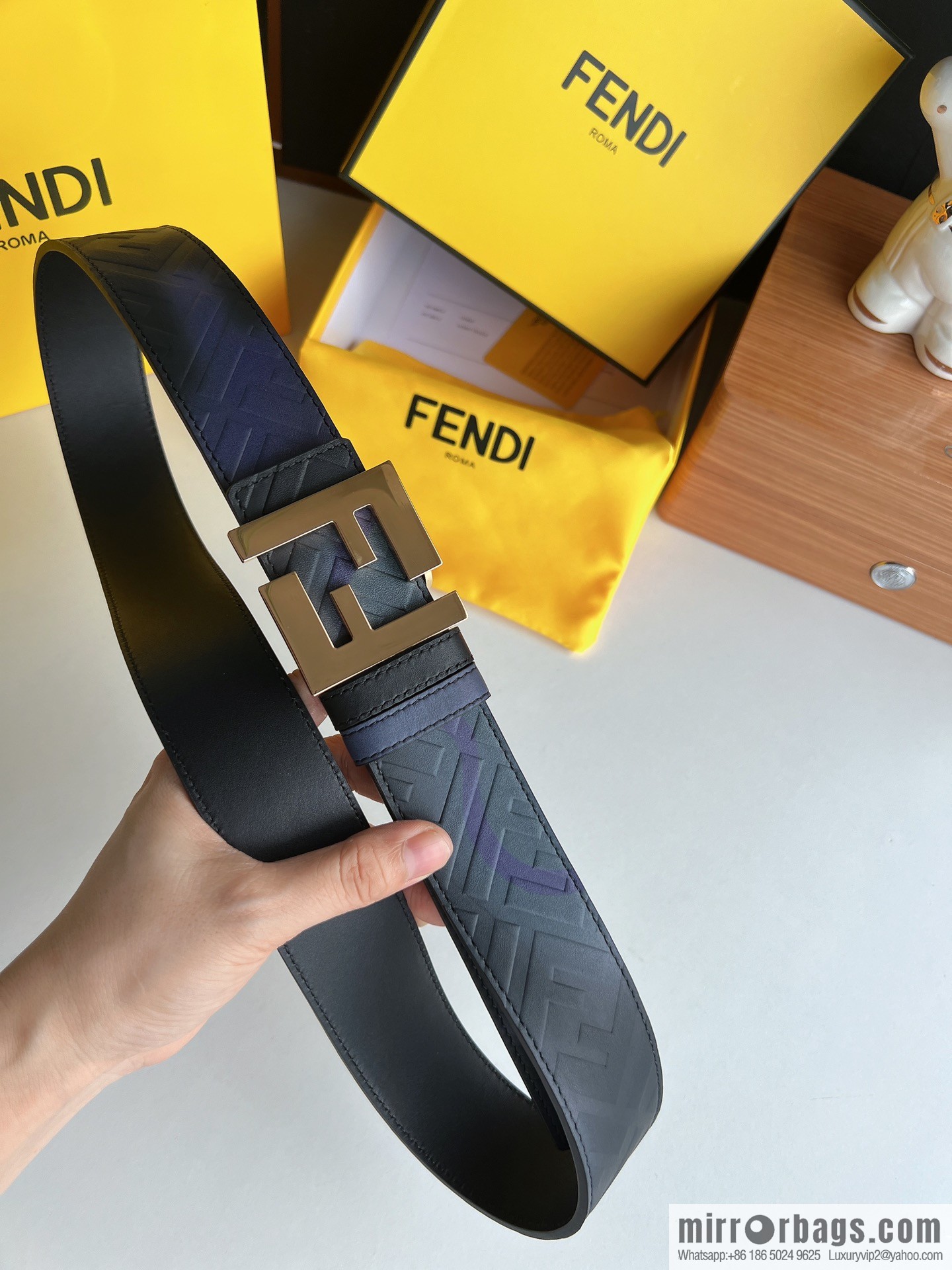 Fendi, printed dark blue double FF cowhide belt 4.0cm