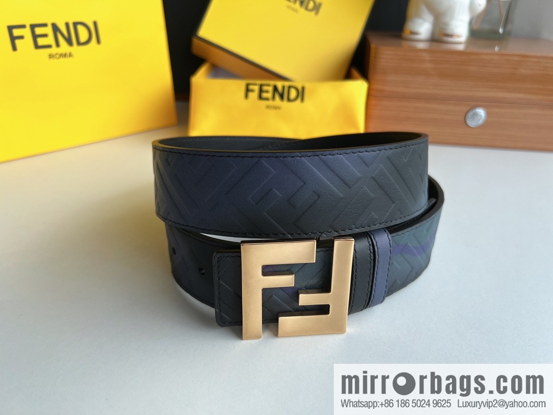 Fendi, printed dark blue double FF cowhide belt 4.0cm
