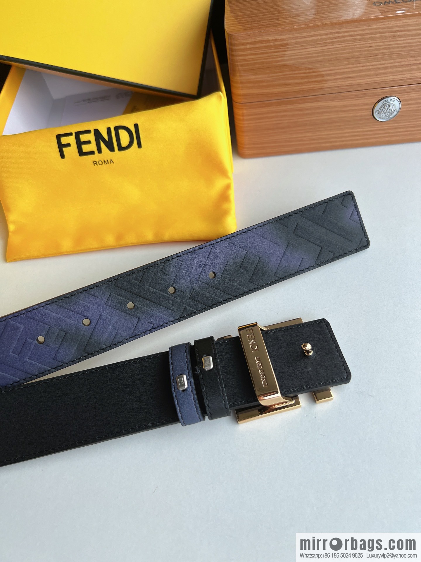 Fendi, printed dark blue double FF cowhide belt 4.0cm