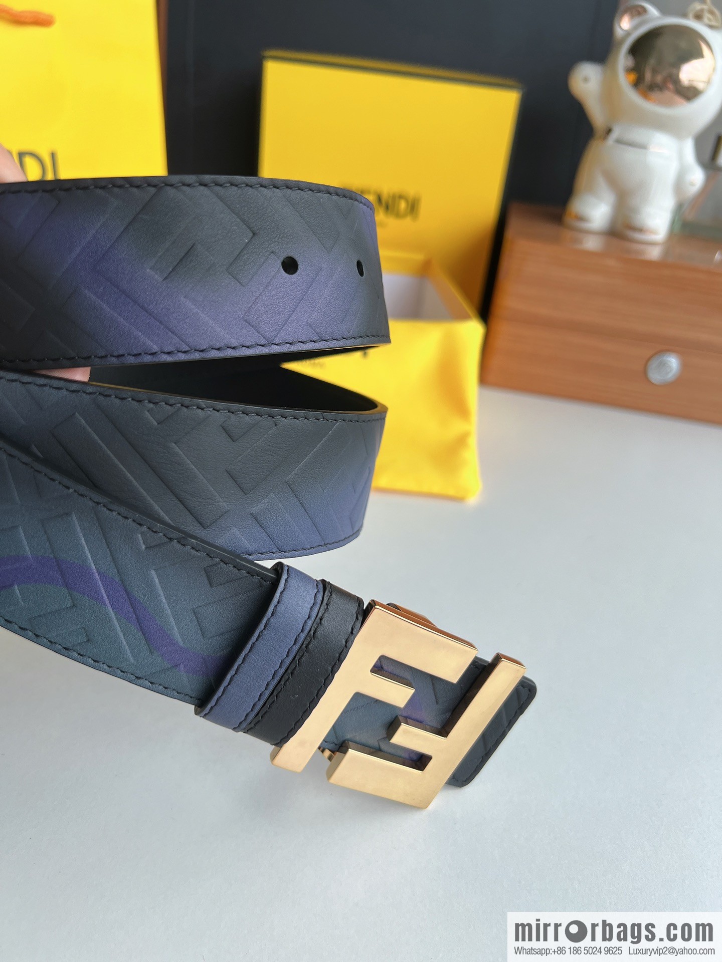 Fendi, printed dark blue double FF cowhide belt 4.0cm