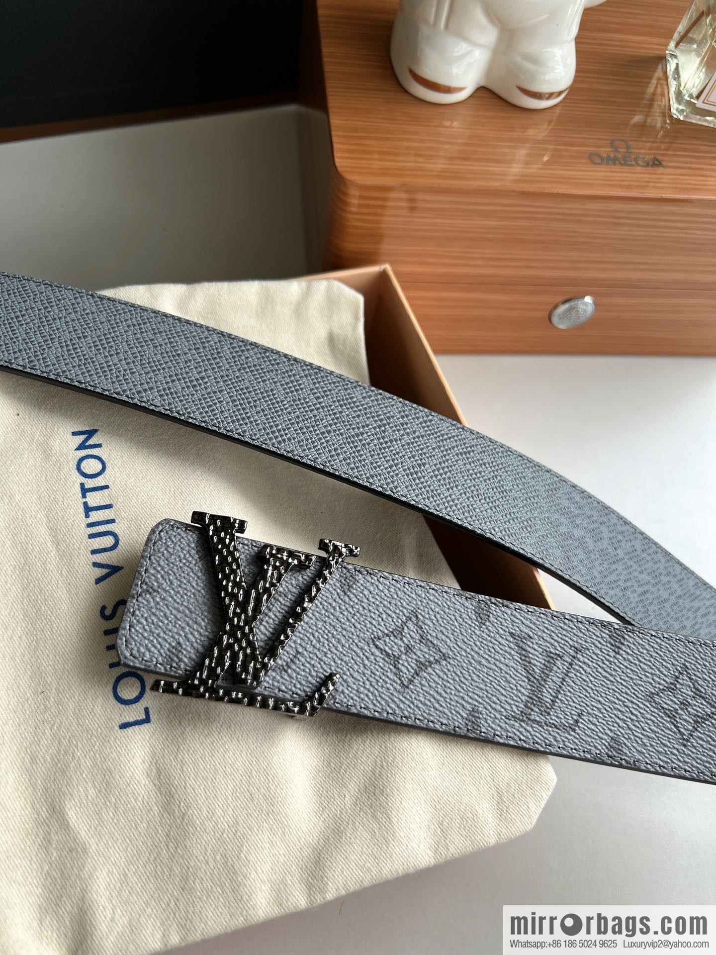 LV/Louis Vuitton Monogram Canvas and Taiga Leather Initiales Double Sided Belt
