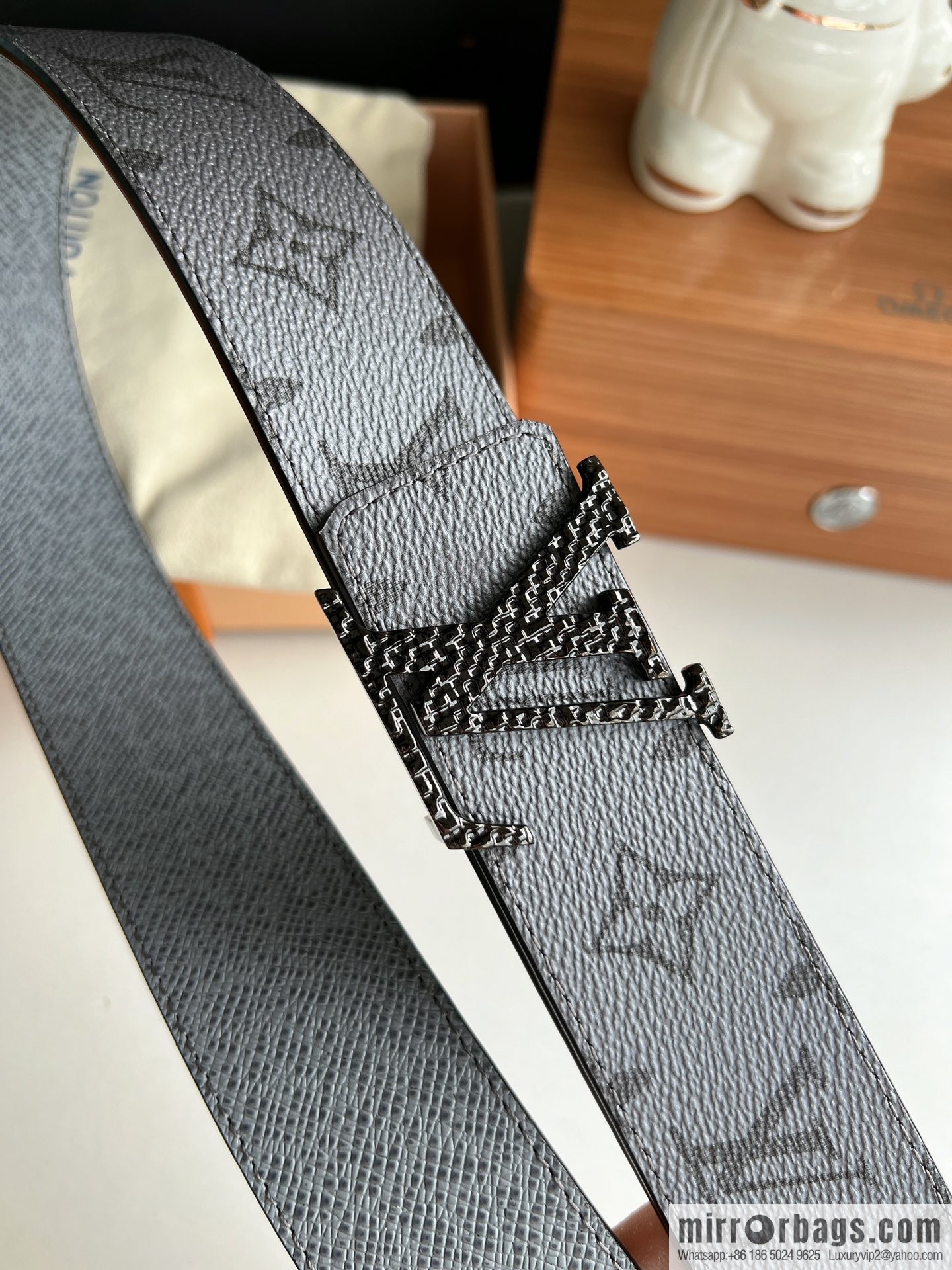 LV/Louis Vuitton Monogram Canvas and Taiga Leather Initiales Double Sided Belt