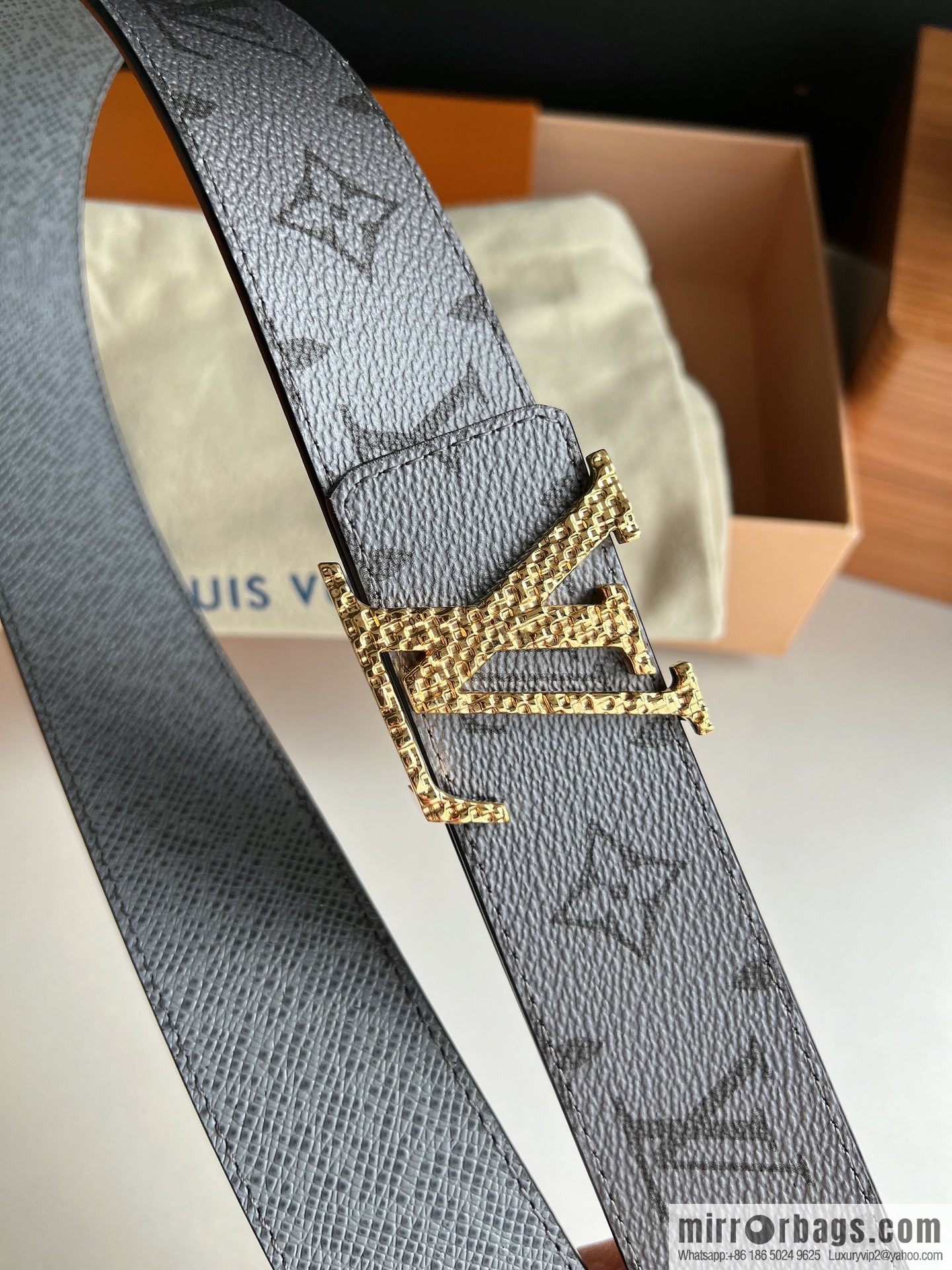 LV/Louis Vuitton Monogram Canvas and Taiga Leather Initiales Double Sided Belt