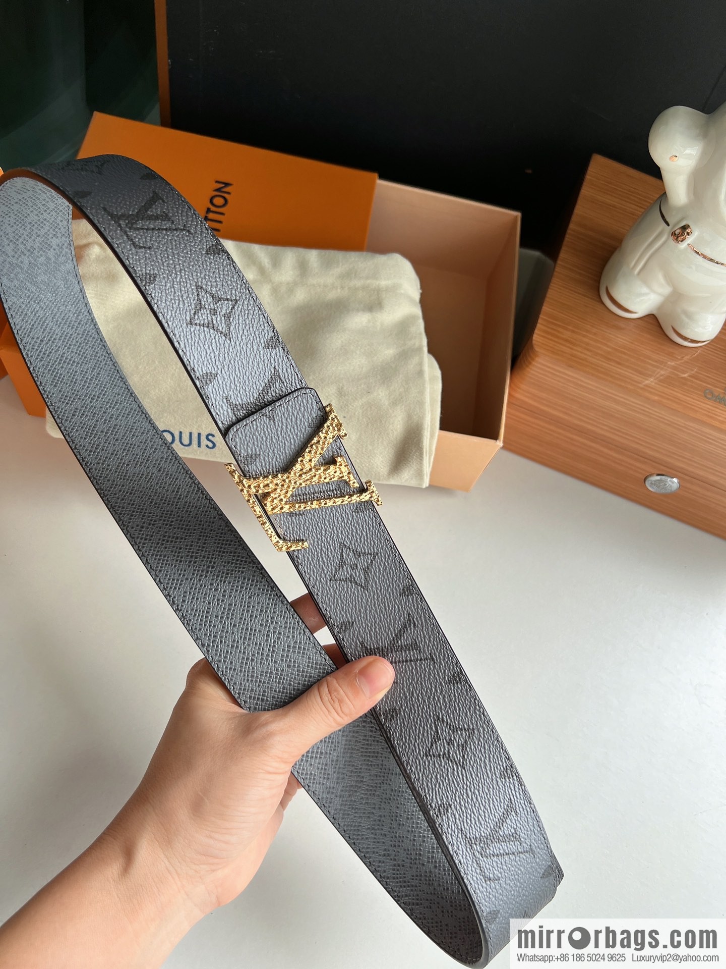 LV/Louis Vuitton Monogram Canvas and Taiga Leather Initiales Double Sided Belt