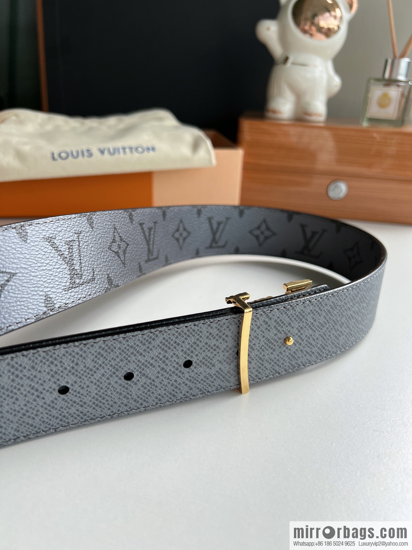 LV/Louis Vuitton Monogram Canvas and Taiga Leather Initiales Double Sided Belt