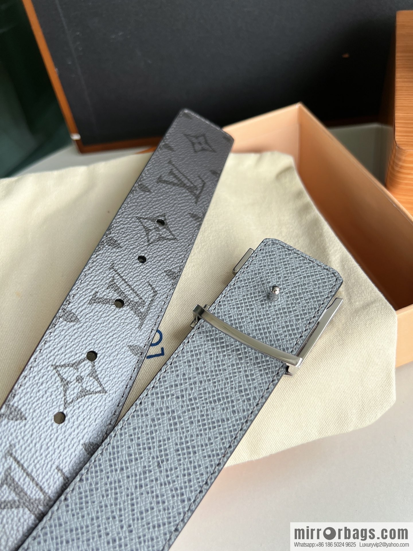 LV/Louis Vuitton Monogram Canvas and Taiga Leather Initiales Double Sided Belt