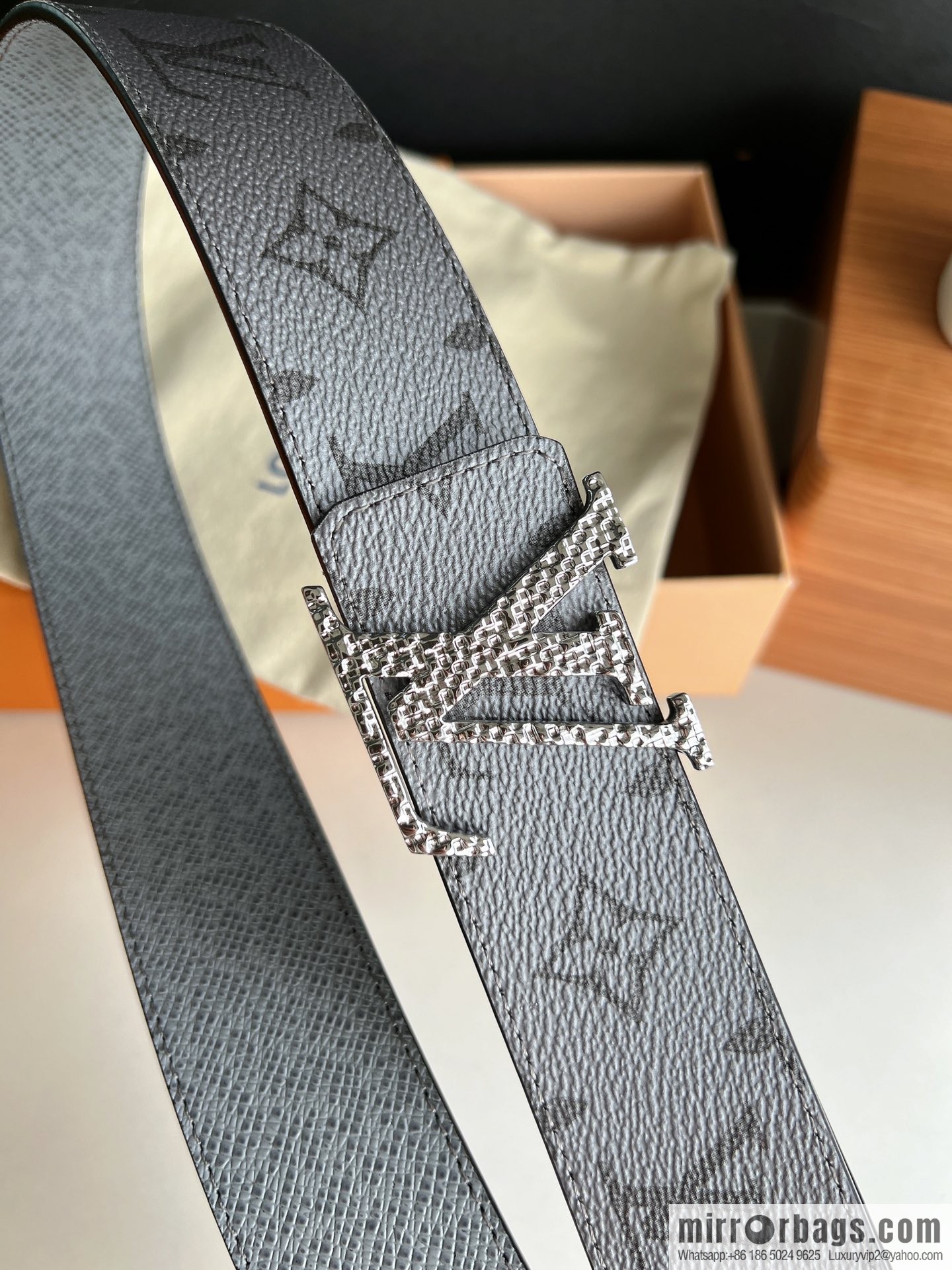 LV/Louis Vuitton Monogram Canvas and Taiga Leather Initiales Double Sided Belt