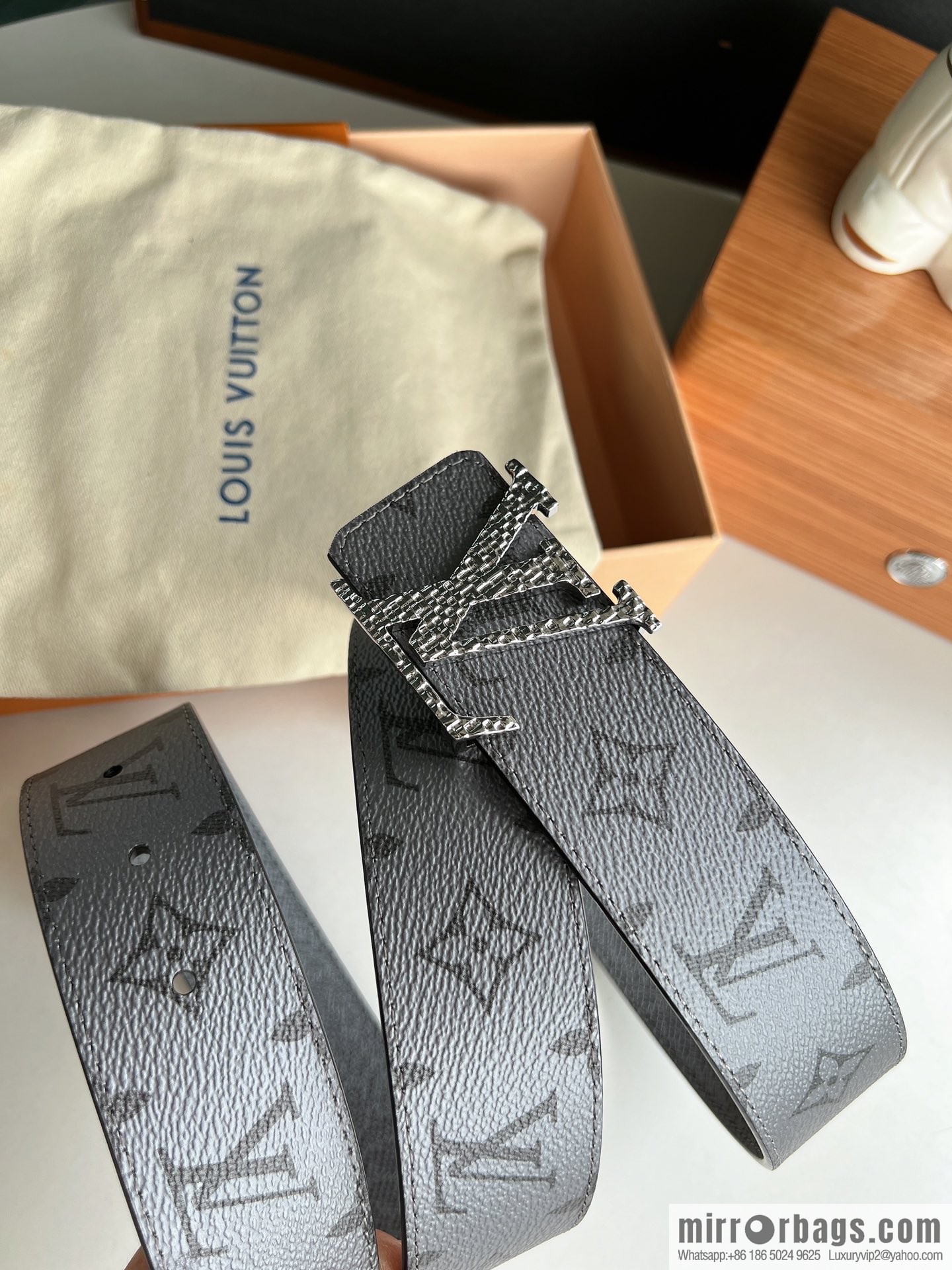 LV/Louis Vuitton Monogram Canvas and Taiga Leather Initiales Double Sided Belt