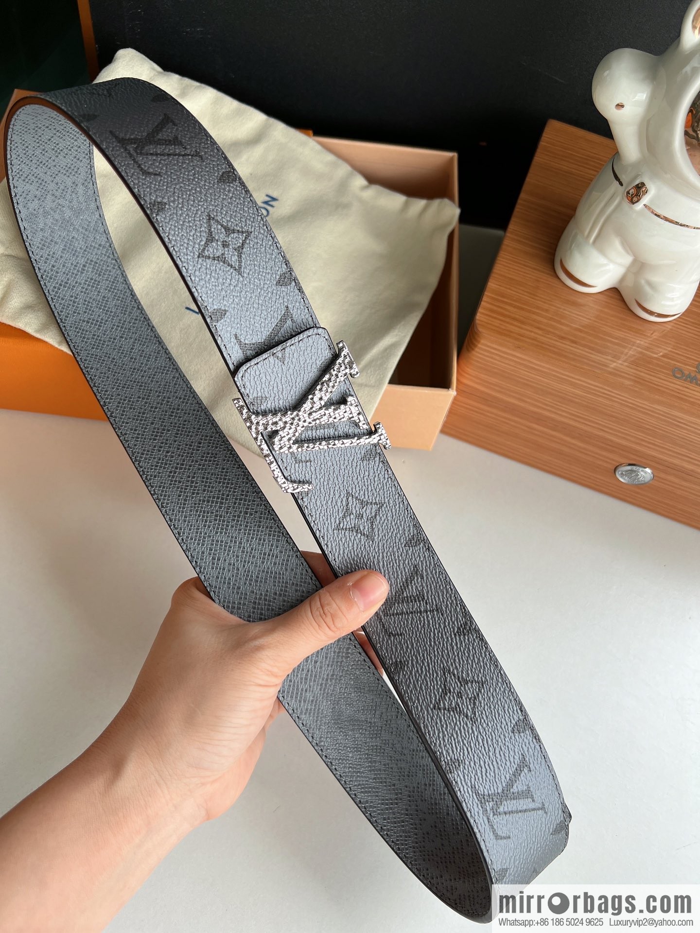 LV/Louis Vuitton Monogram Canvas and Taiga Leather Initiales Double Sided Belt