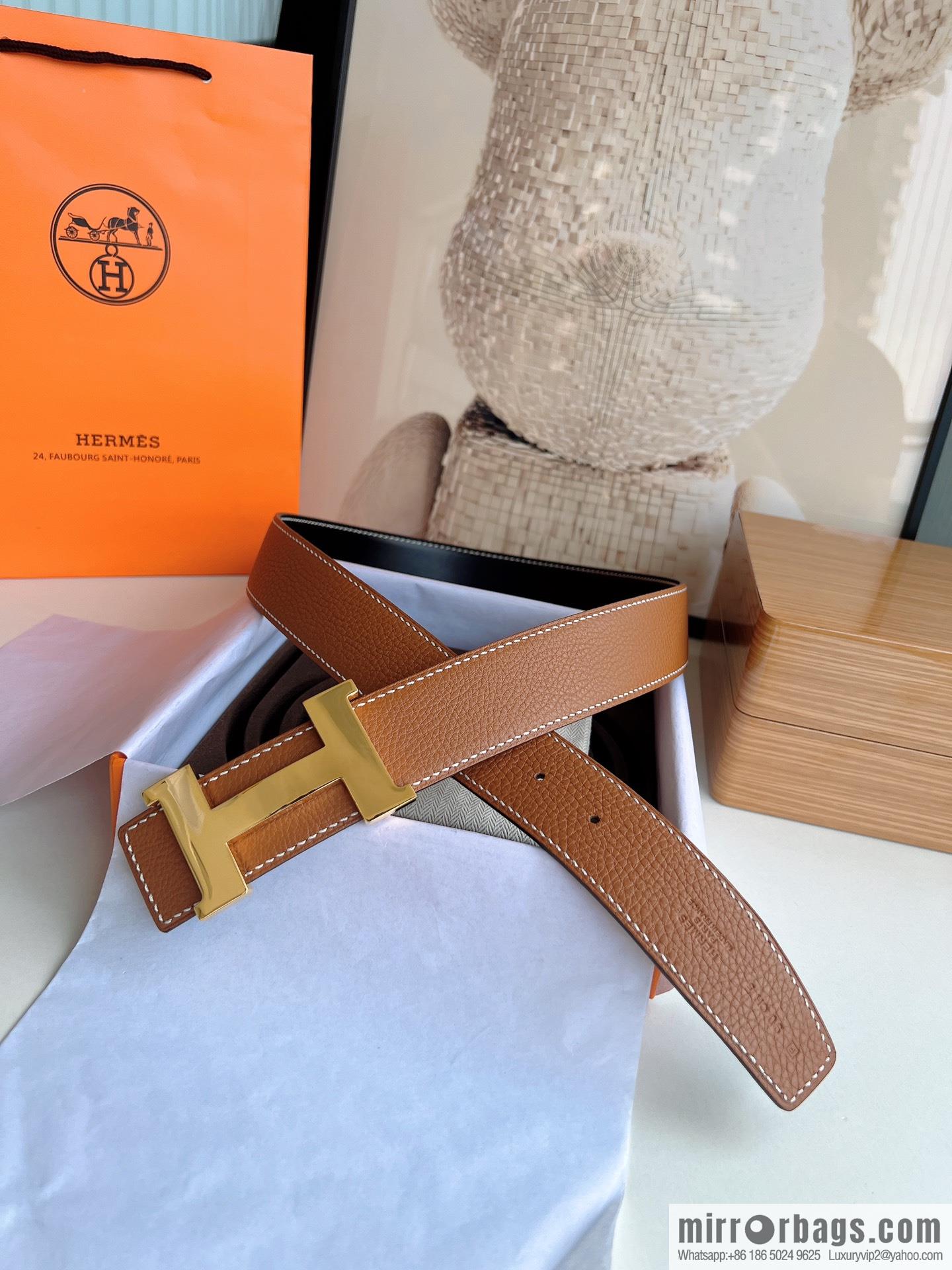 Hermes Hermes, imported selected high-quality leather stainless steel four-corner glossy metal buckle 3.8cm belt