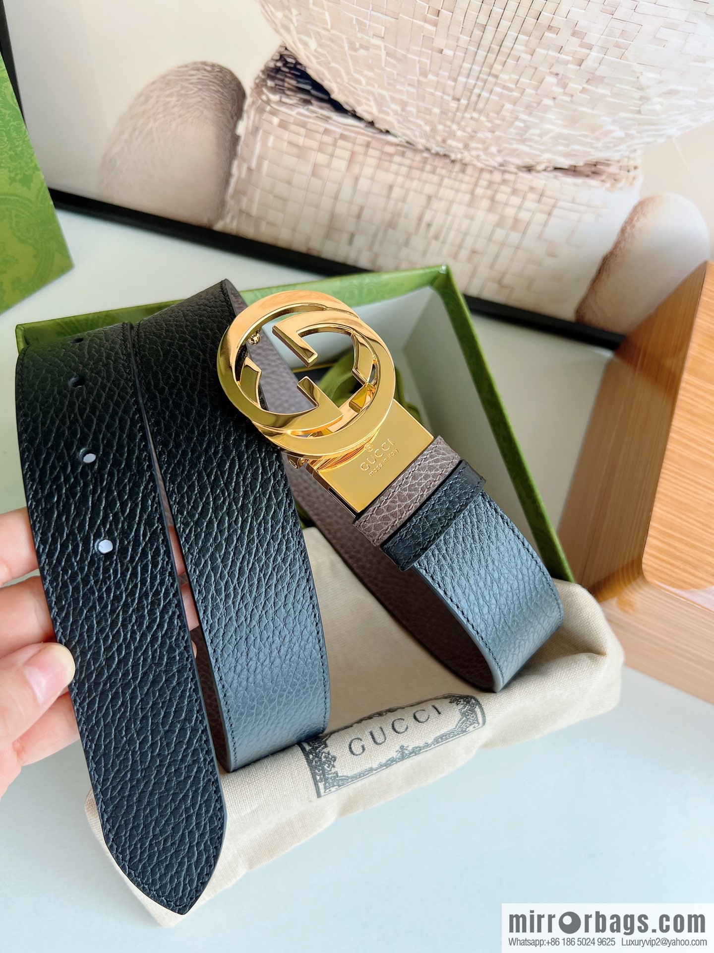 Gucci Gucci 3.5cm full leather black coffee double G gold/silver buckle belt