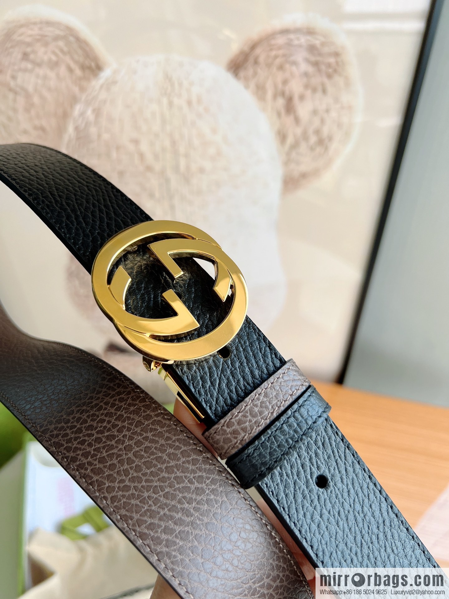 Gucci Gucci 3.5cm full leather black coffee double G gold/silver buckle belt