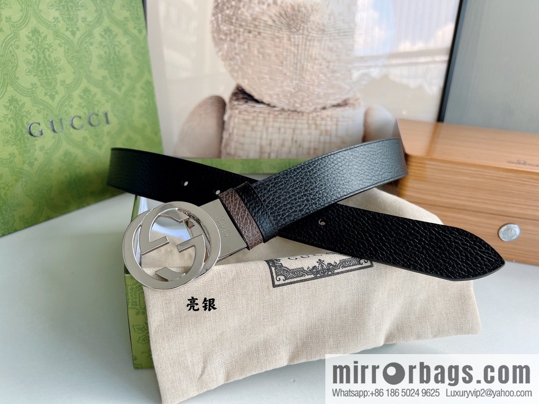Gucci Gucci 3.5cm full leather black coffee double G gold/silver buckle belt