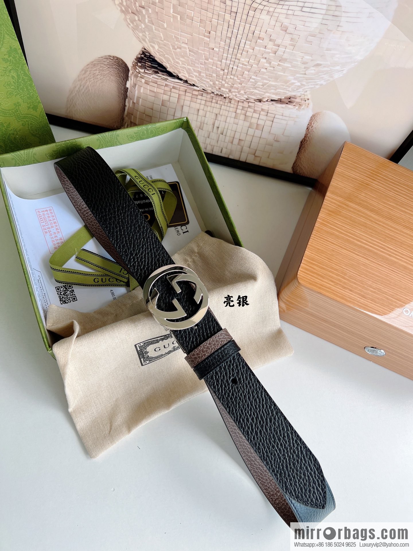 Gucci Gucci 3.5cm full leather black coffee double G gold/silver buckle belt