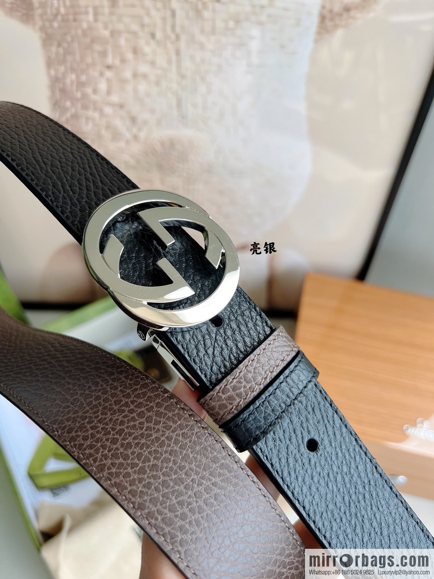 Gucci Gucci 3.5cm full leather black coffee double G gold/silver buckle belt