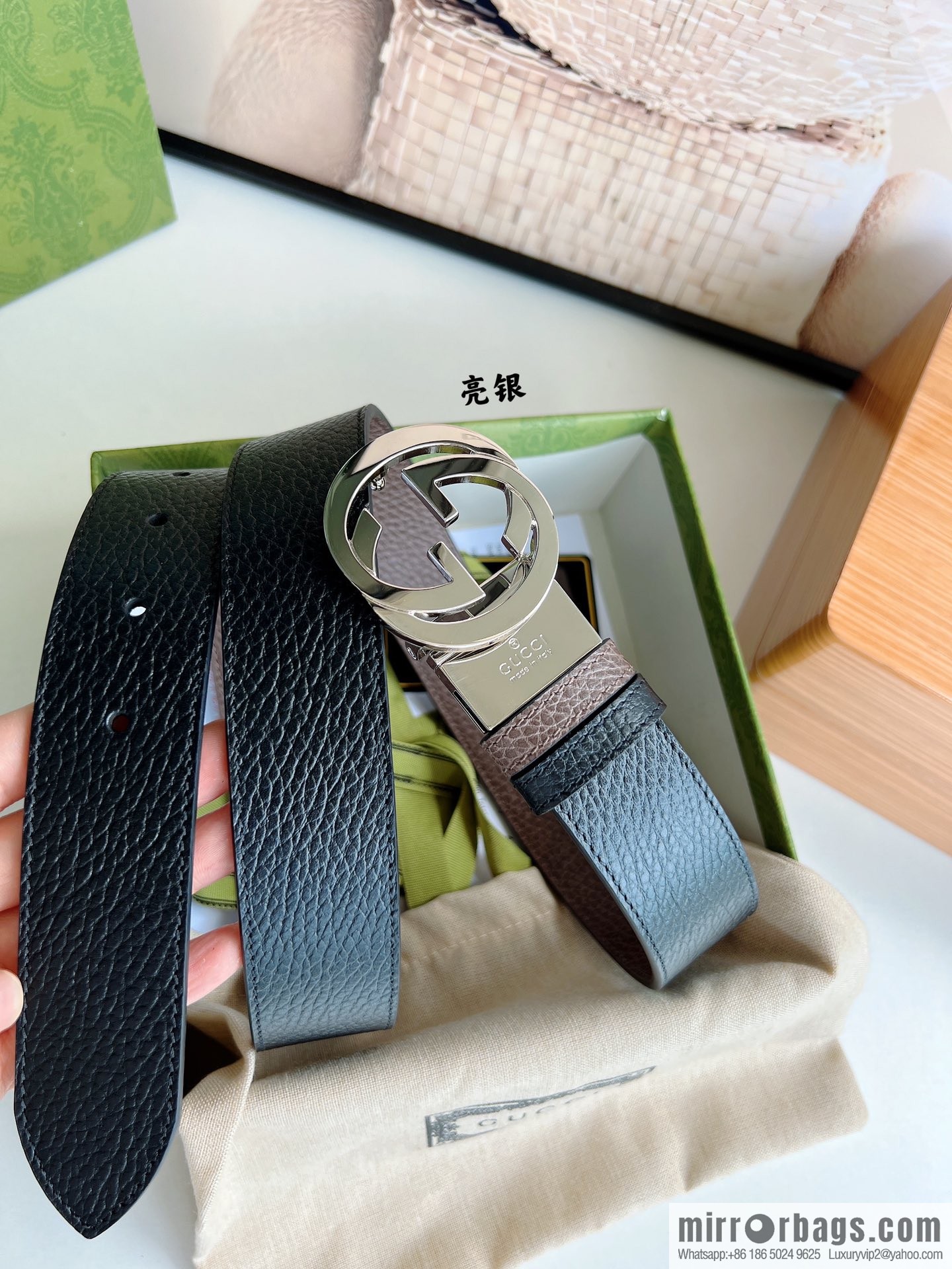 Gucci Gucci 3.5cm full leather black coffee double G gold/silver buckle belt