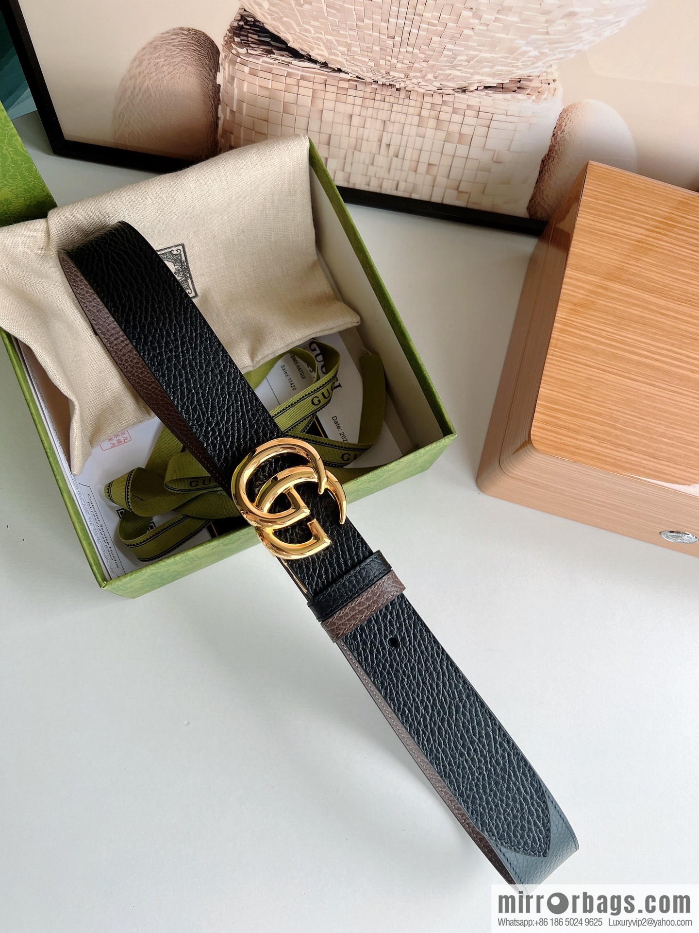 Gucci Gucci 3.5cm full leather black coffee double G gold/silver buckle belt