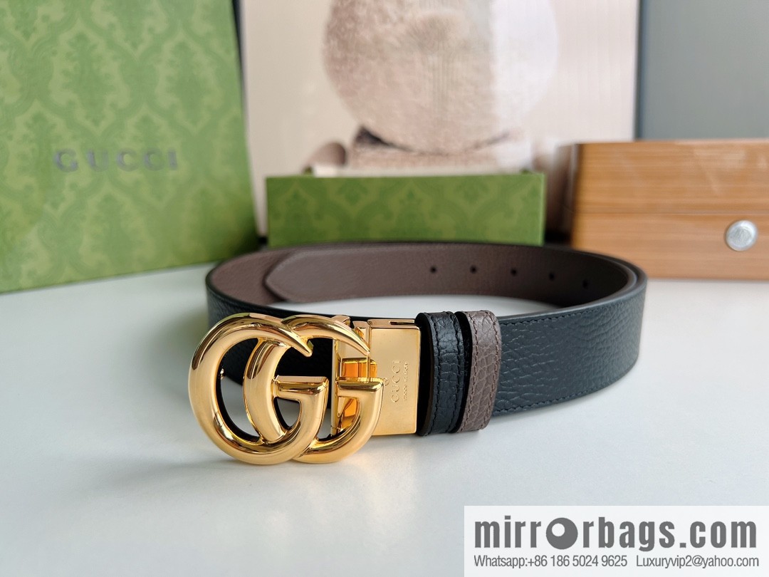 Gucci Gucci 3.5cm full leather black coffee double G gold/silver buckle belt