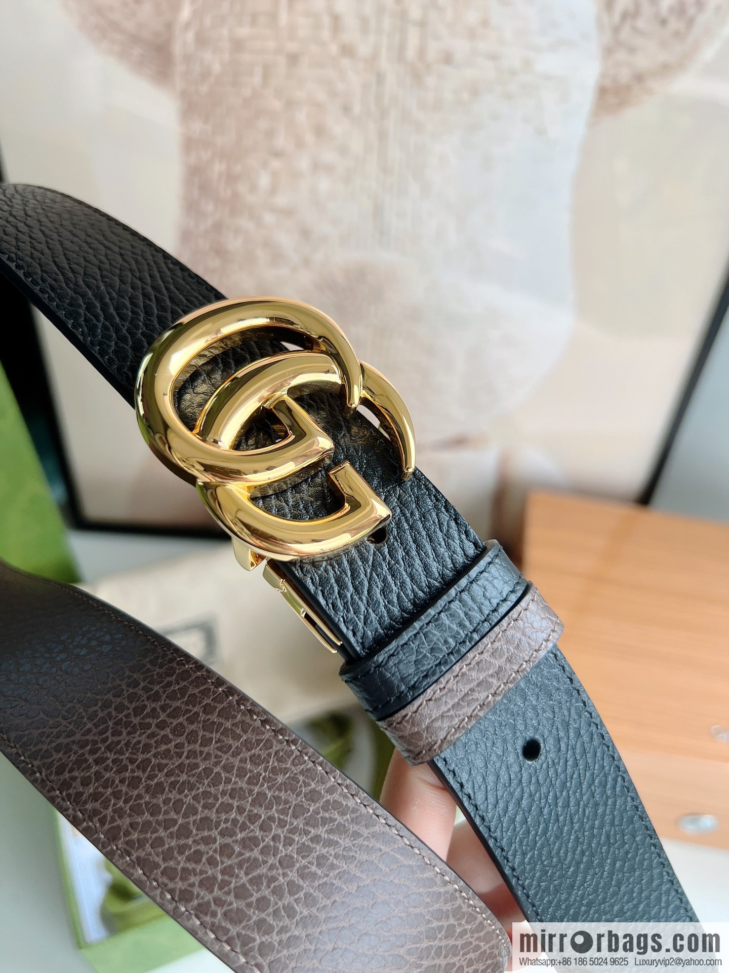 Gucci Gucci 3.5cm full leather black coffee double G gold/silver buckle belt