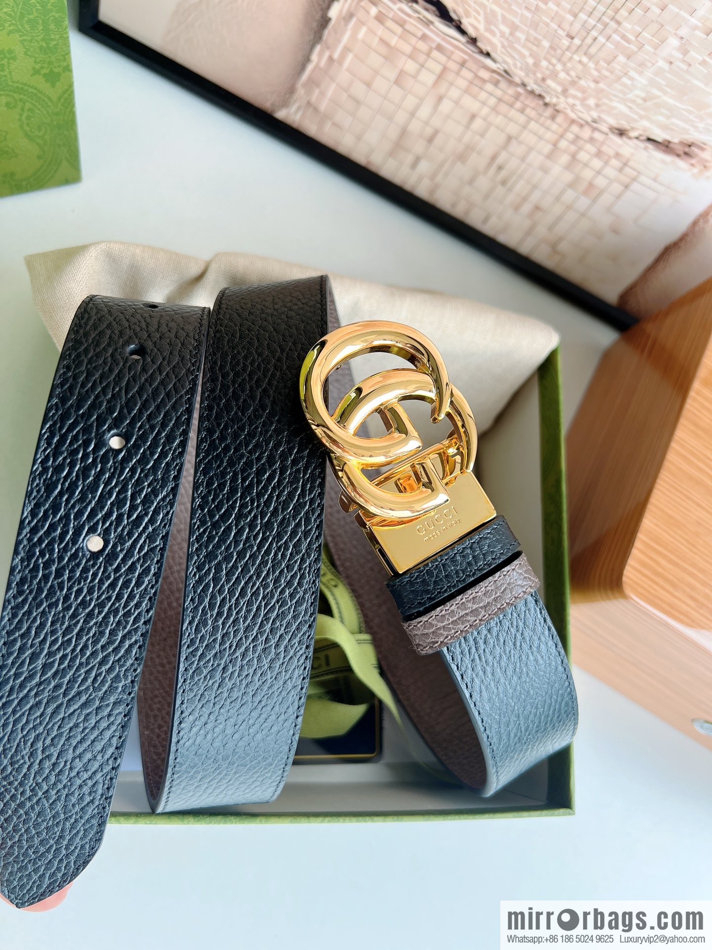 Gucci Gucci 3.5cm full leather black coffee double G gold/silver buckle belt