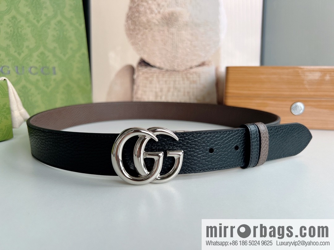 Gucci Gucci 3.5cm full leather black coffee double G gold/silver buckle belt