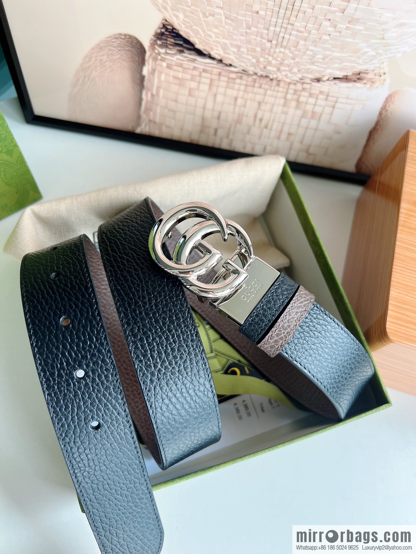 Gucci Gucci 3.5cm full leather black coffee double G gold/silver buckle belt