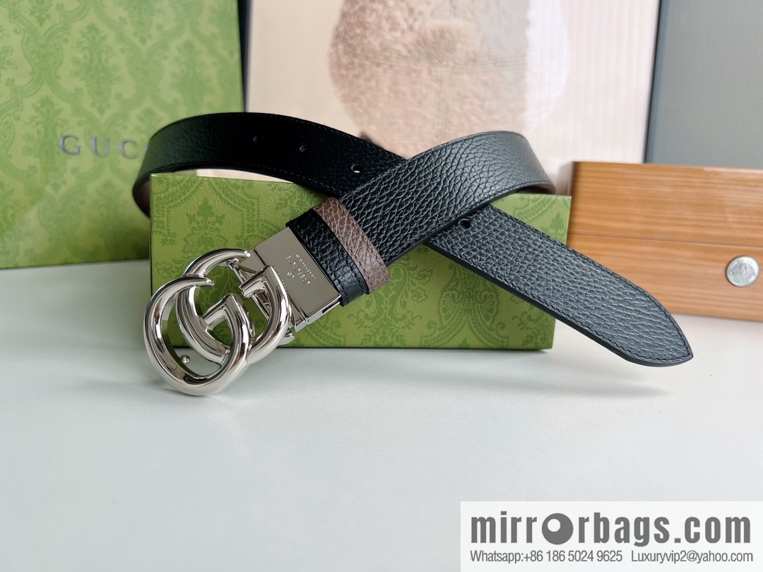 Gucci Gucci 3.5cm full leather black coffee double G gold/silver buckle belt