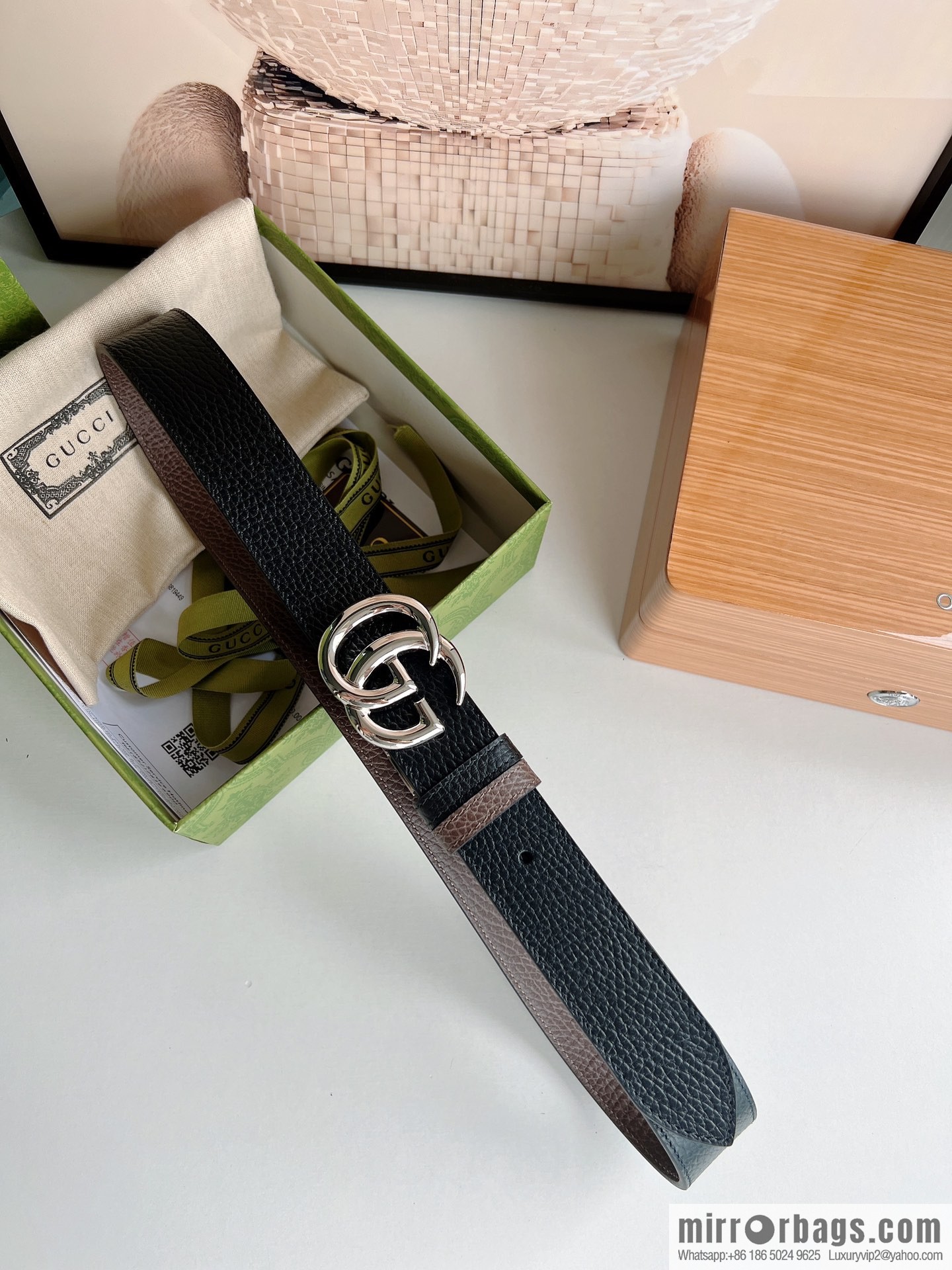 Gucci Gucci 3.5cm full leather black coffee double G gold/silver buckle belt