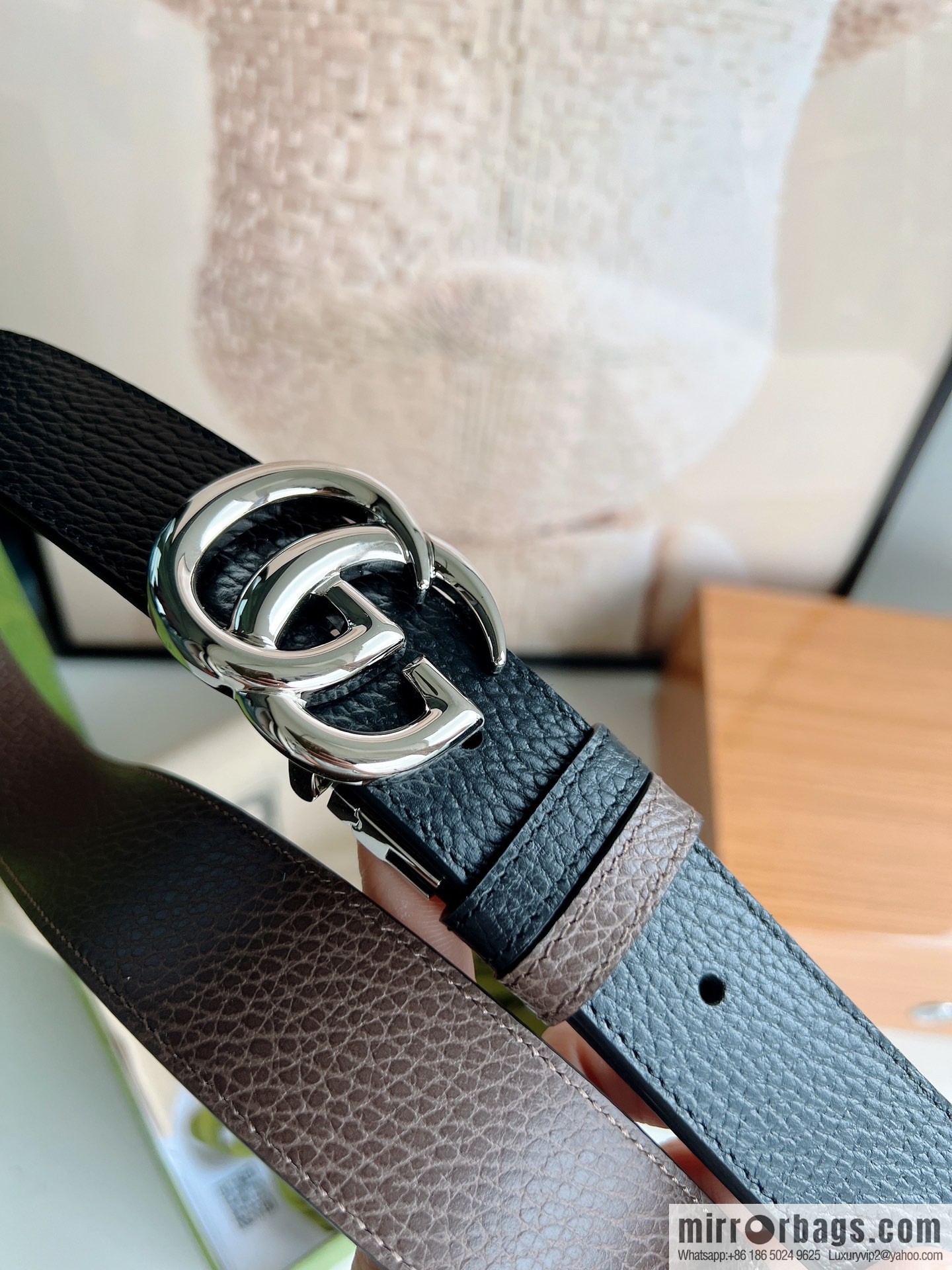 Gucci Gucci 3.5cm full leather black coffee double G gold/silver buckle belt